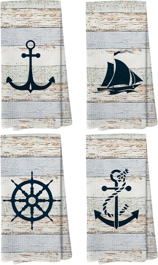 Nautical Hand Towels for Bathroom - Nautical Beach Dish Hand Towels Bathroom Decor, Coastal Beach Boat Anchor Towel for Kitchen Decor, 16 x 24Inch Set of 4