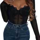 SweatyRocks Women's Sheer Floral Lace Long Sleeve Bodysuit Tops Sweetheart Neck Jumpsuit Black Lace Medium