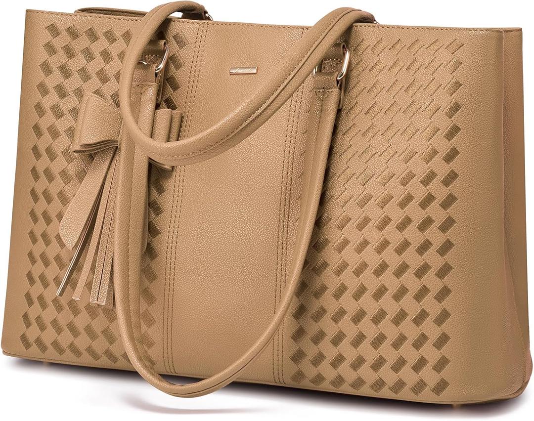 LOVEVOOK Laptop Tote Bag for Women 15.6 Inch Waterproof PU Leather Computer Bags for Business Office Work Briefcase (Embroidery Apricot)