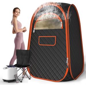 FIOCCO Portable Sauna Box, Portable Sauna for Home with 2.6L Steamer Generator, Remote Control, Portable Chair & Floor Mat, Full Body Personal Saunas Tent for Health, 9 Levels, Orange