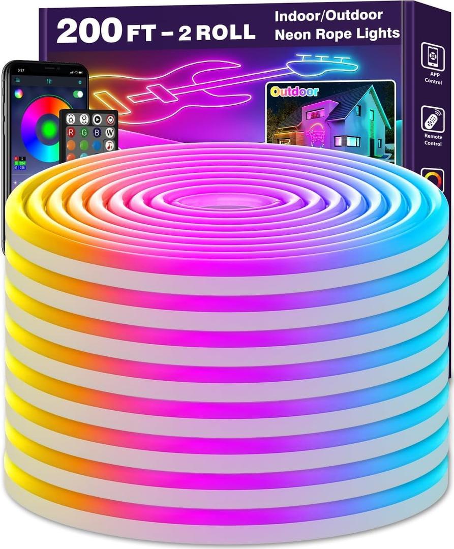 LETIANPAI 200Ft Neon Rope Lights,Flexible Led Rope Lights Control with App/Remote,Multiple Modes Music Sync Gaming RGB Led Neon Lights for Bedroom Outdoor (200FT/60M)