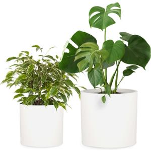 Fox & Fern 12" & 14.6" Large Planters (Set of 2) - Lightweight Fiberstone Matte White Plant Pots with Drainage Plug - Extra Large Planters for Indoor & Outdoor - Weather Resistant & UV Resistant