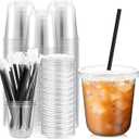Ziliny 100 Set 12 oz Clear Plastic Cups with Lids and Straws, Disposable Iced Coffee PET Cups for Drinking Cold Beverage Juice Parfait Smoothie Milkshake Coffee Shops Party Supplies