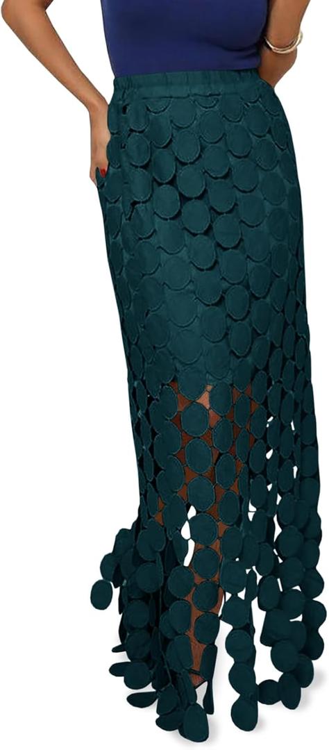 Cicy Bell Womens Hollow Out Maxi Skirts Summer High Waisted Boho Fringe Hem Long Skirt (Large, Dark Green)
