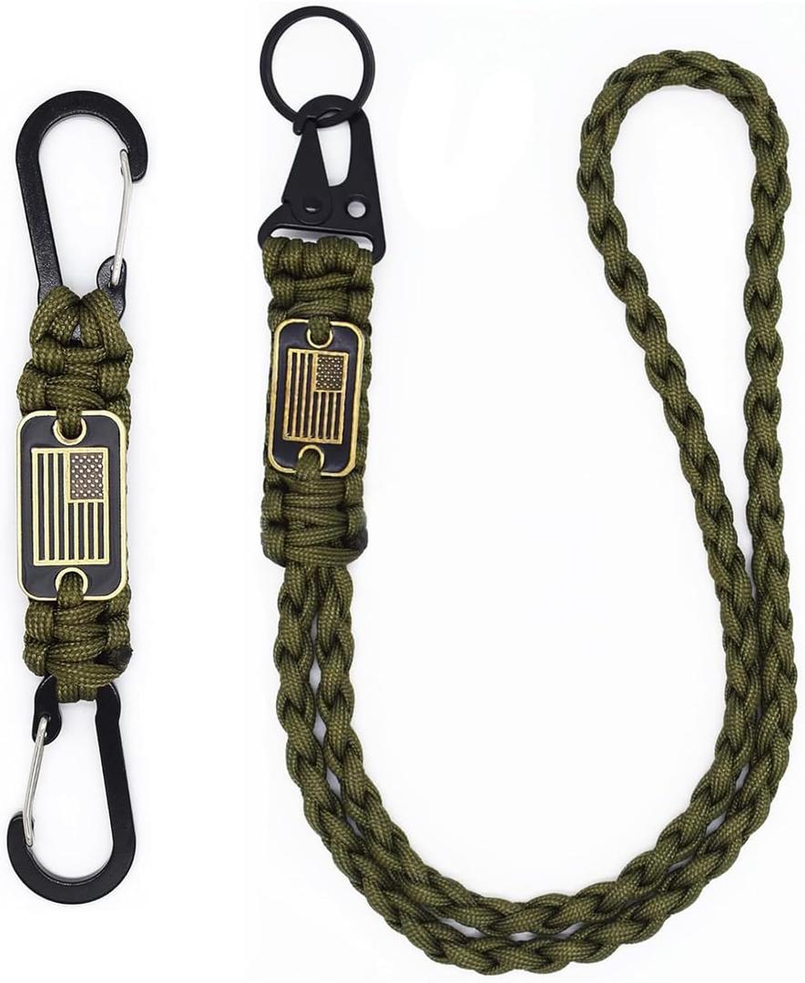 2 Pcs Heavy Duty Paracord Lanyard Keychain, Braided Parachute Rope Necklace Keychains with Cool USA Flag, Strong Lanyard for Outdoor Activities, Camera, Keys, Whistle, Traveling (Army Green(l1+s2))