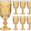 Wiwiqing 6 Pcs Plastic Goblets 7.5oz Vintage Goblet Plastic Wine Glasses Colored Retro Embossed Water Goblets for Wine Bar Juice Baby Shower Wedding Reception Grand Event Party (Amber)