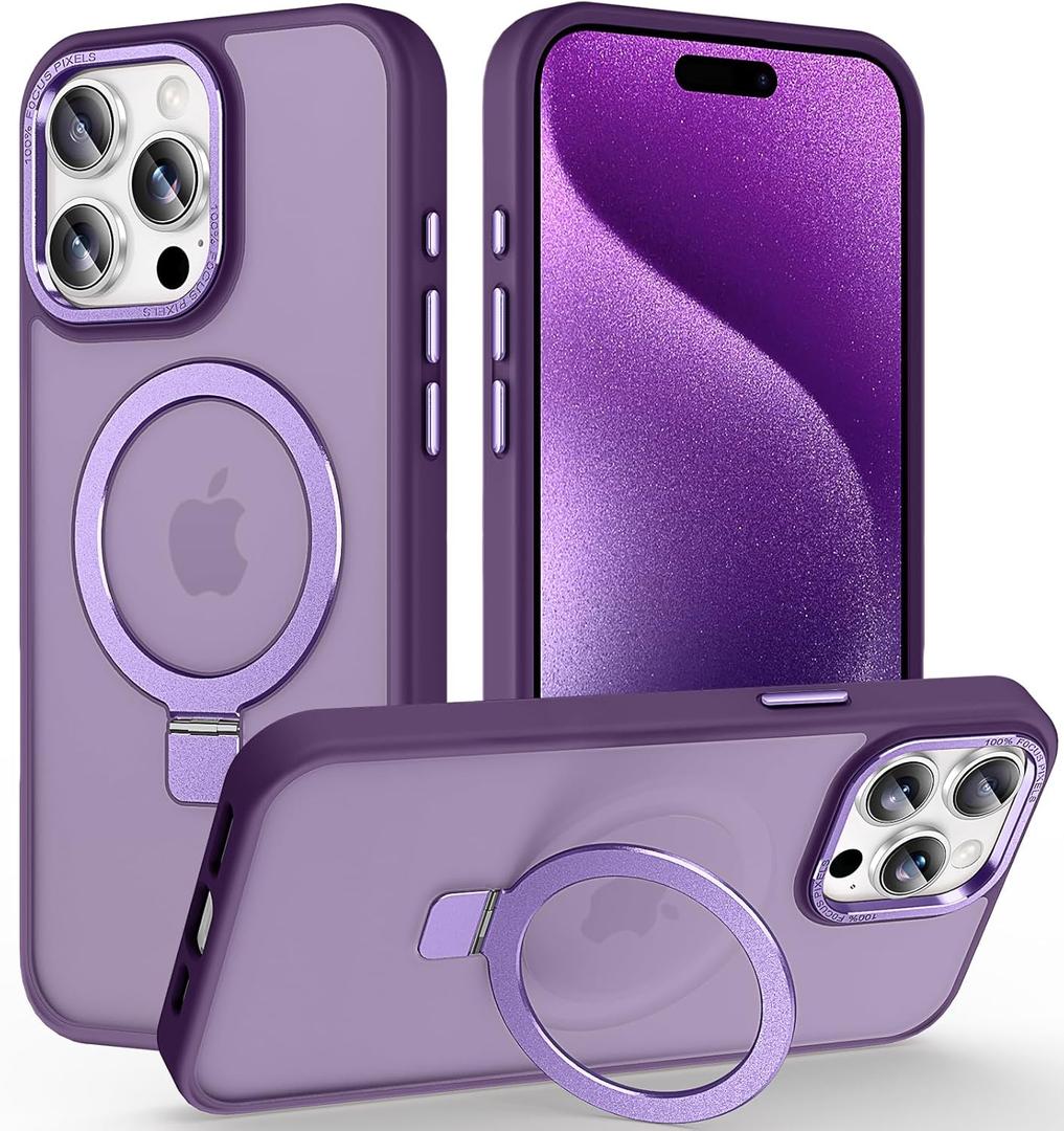 Magnetic for iPhone 15 Pro Max Case with Invisible Stand, [10 FT Drop Protection] [Velvety Touch] Slim Translucent Matte Back Shockproof Phone Case for iPhone 15 Pro Max 6.7'', Dark Purple