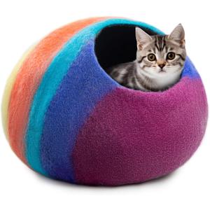 Woolygon Premium Felt Cat Cave Bed  Wool Kitty Beds Handcrafted Kitten Caves Bed for Indoor Cats - Made from 100% Eco-Friendly Merino Wool, Foldable Cat Hidewawy Covered Cat House Pod (Rainbow Twist) (Medium)