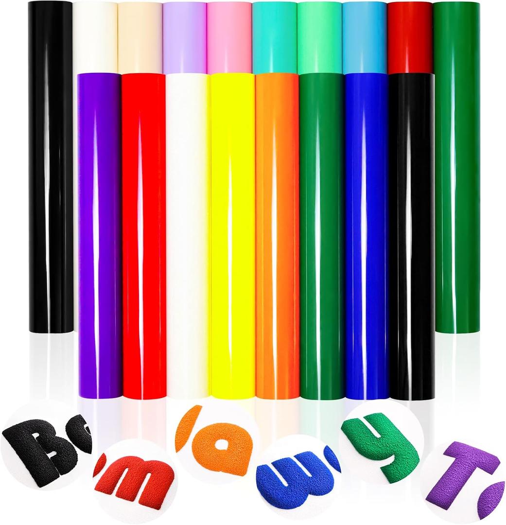MEVOREW Puff Vinyl Heat Transfer-18 Pcs Puff HTV Heat Transfer Vinyl Sheets Assorted Colors, 3D Puffy Iron on Vinyl for Tshirts, DIY Crafts, Compatible with Cricut& All Cutters, Easy to Cut& Weed
