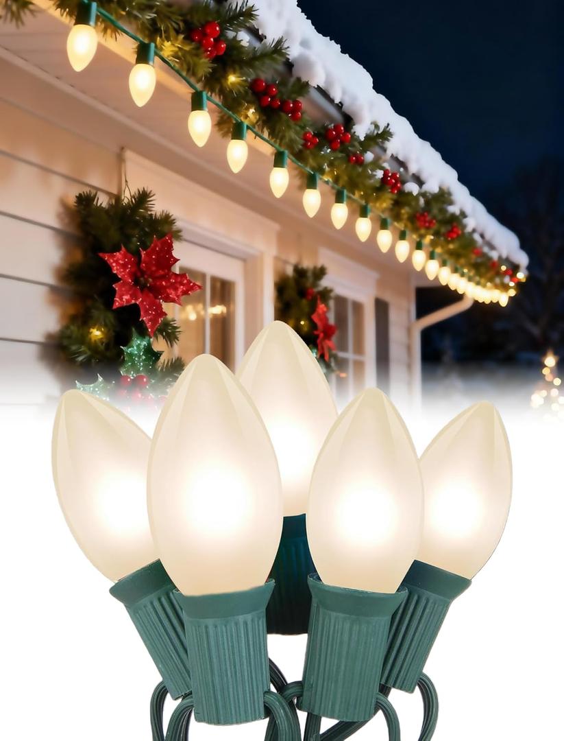 25ft Warm White Christmas Lights Outdoor,Frosted White Christmas Lights with 26 Incandescent Bulbs(1 Spare),Hanging Vintage Christmas Light for Patio Holidays Christmas Tree Decor