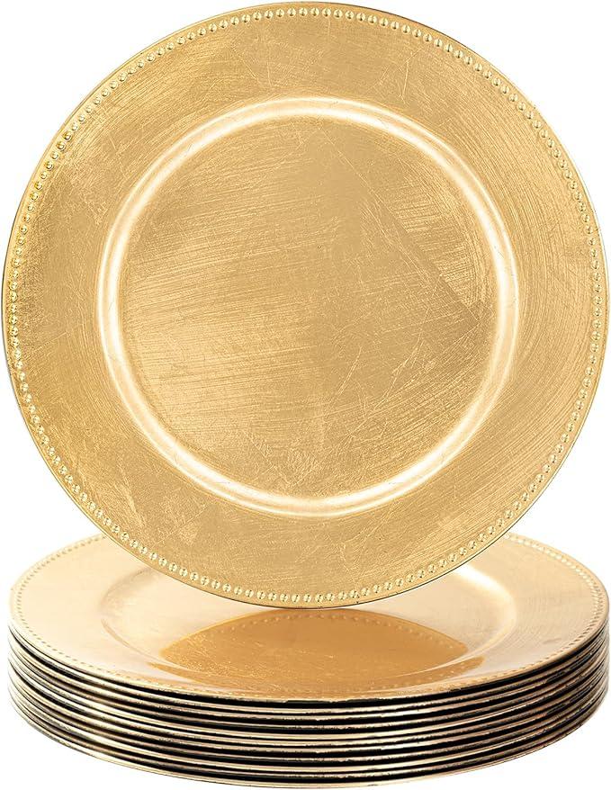 MAONAME Gold Charger Plates Set of 12, Foil 13" Plate Chargers with Beaded, Plastic Round Chargers for Dinner Plates, Table Setting