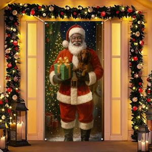 Christmas Door Cover Wrapped Box Santa 35x71 Inch Polyester