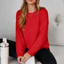 Women's Oversized Long Sleeve Shirts Crew Neck Casual Tops Loose Fit Side Slit Fall Tees (Red, S)