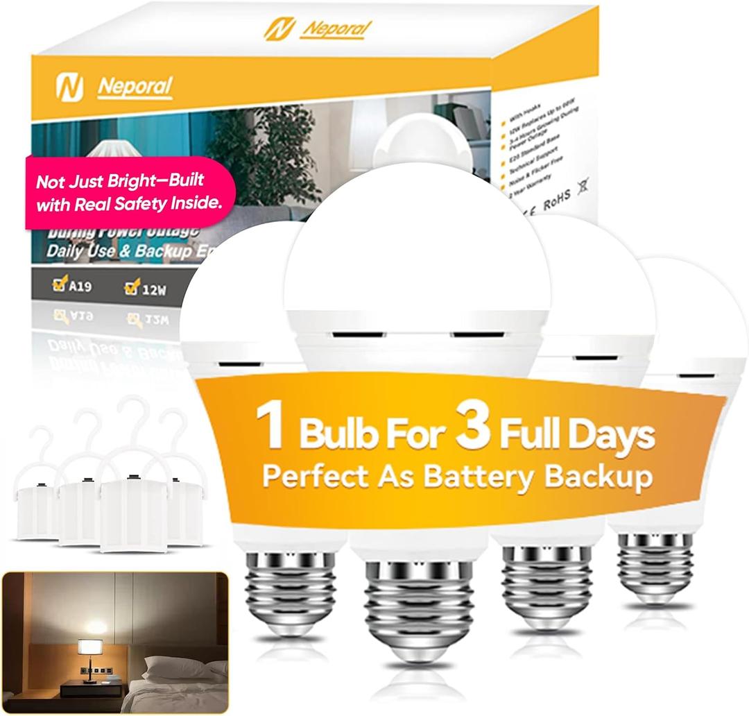 Neporal LITE PRO Rechargeable Light Bulbs, 2600mAh Large Battery Backup Light Bulbs, Socket Rechargeable Emergency Lights for Home, Hurricane Prepareness Item, E26/E27 (White-2600mAh) (4 Count (2600mAh))