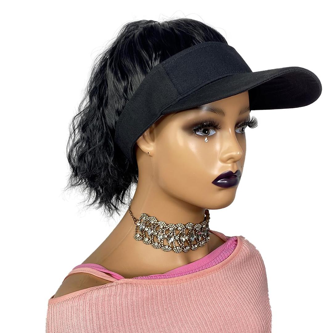 Hat Wig for Women - Black Baseball Cap with Wavy Hair Attached Adjustable Curly Hair Piece Baseball Hat Ponytail Wig(14", 1B#) (18 Inch)