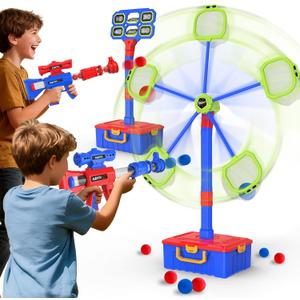 2 IN 1 Shooting Game Toys For 5 6 7 8 Year Old Kids, Moving Standing Shooting Target & 2 PCS Foam Ball Popper Air Toy Guns, 24 Foam Balls, 2 Player Boy Toys For Boy Kids, Gifts for Boys and Girls