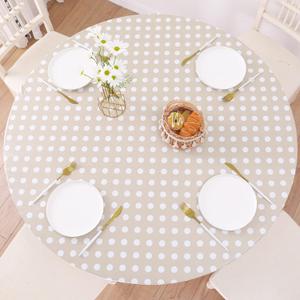 Round Vinyl Fitted Tablecloth with Flannel Backing Elastic Edge Design Table Cover Waterproof Oil-Proof PVC Table Cloth Stain-Resistant Best for 37"-44" Round (White Dots)