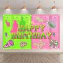 96x60inch Fabric Green and Pink Happy Birthday Backdrop Cheerleading American High School Lockers Photography Background Halloween Party Decorations Photo Props