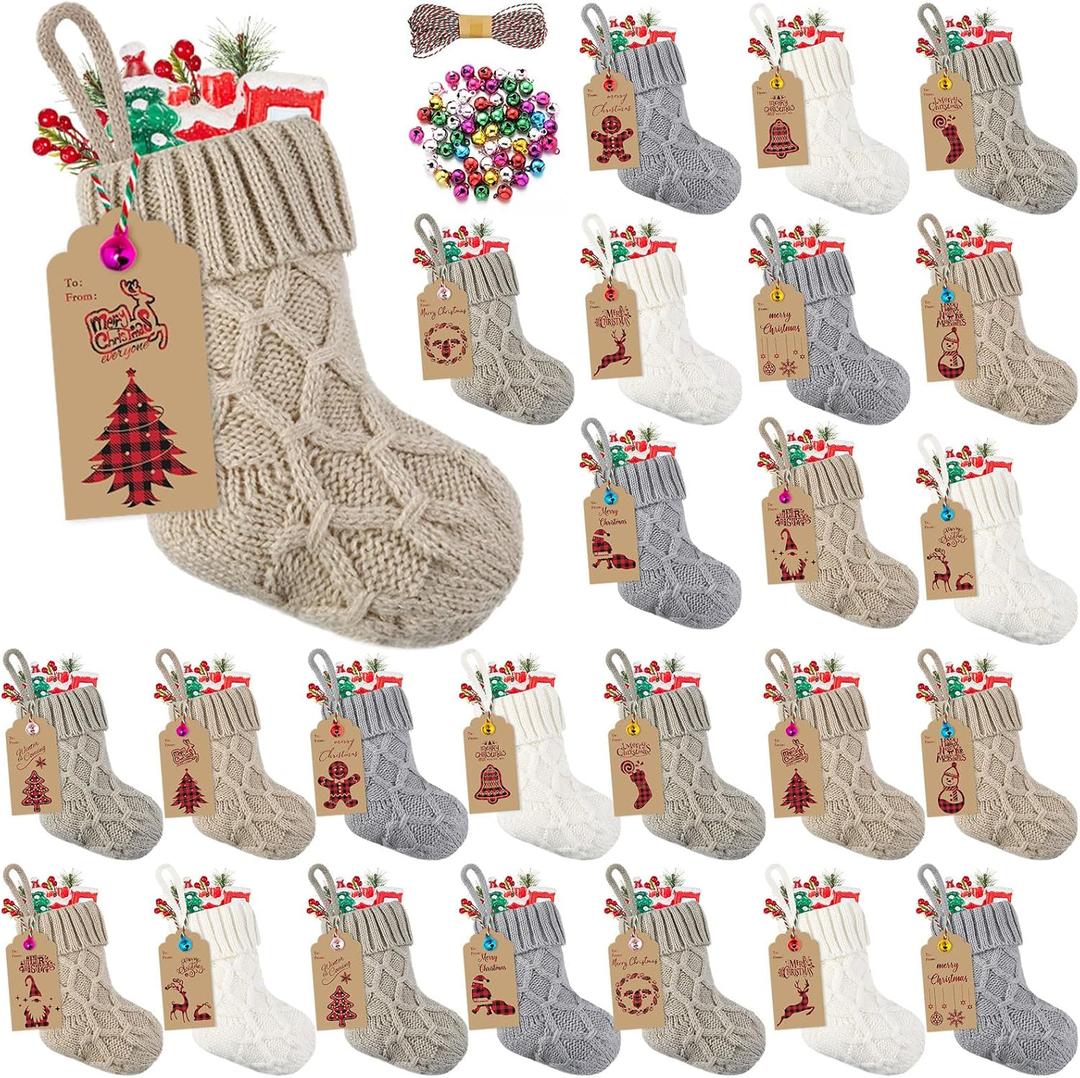 Glimin 24 Set Mini White Christmas Stockings Set with Red White Striped Scarf and Buttons 6 Inch Faux Fur Xmas Hanging Stocking Bulk Small Plush Xmas Stocking with Christmas Kraft Gift Tags