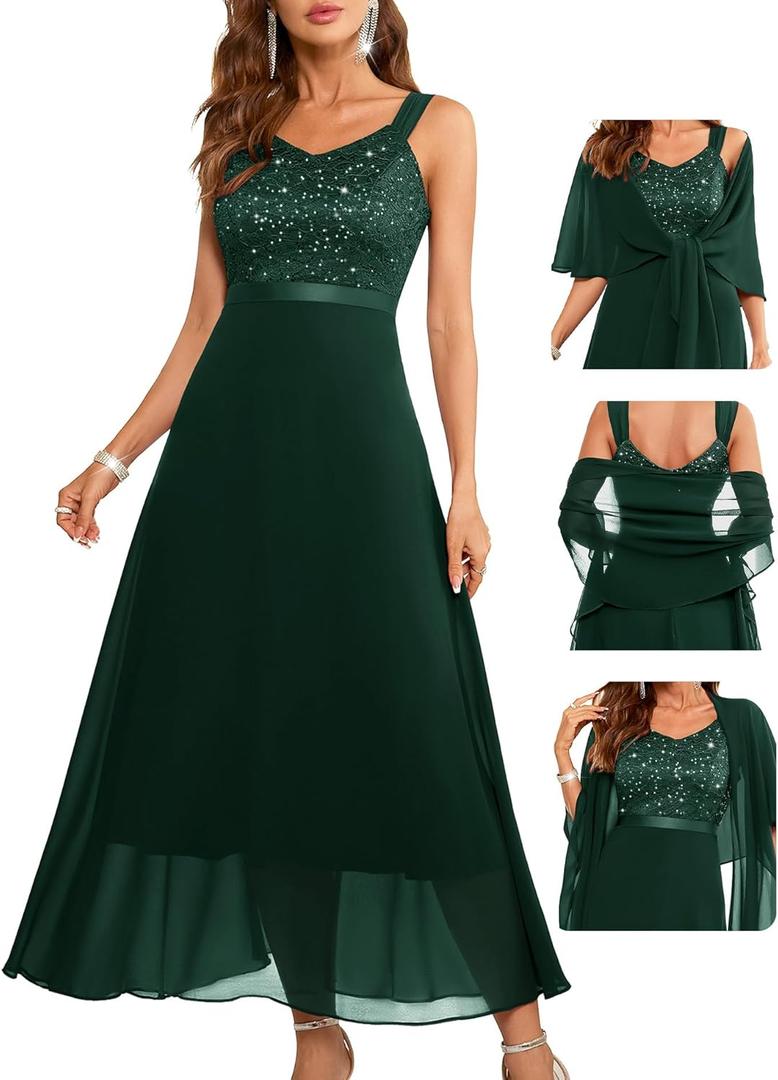 BeryLove Wedding Guest Dress for Women Sequin Formal Party Dress Evening Two Piece Glitter Long Cocktail Birthday Dress 7079 Dark Green, M