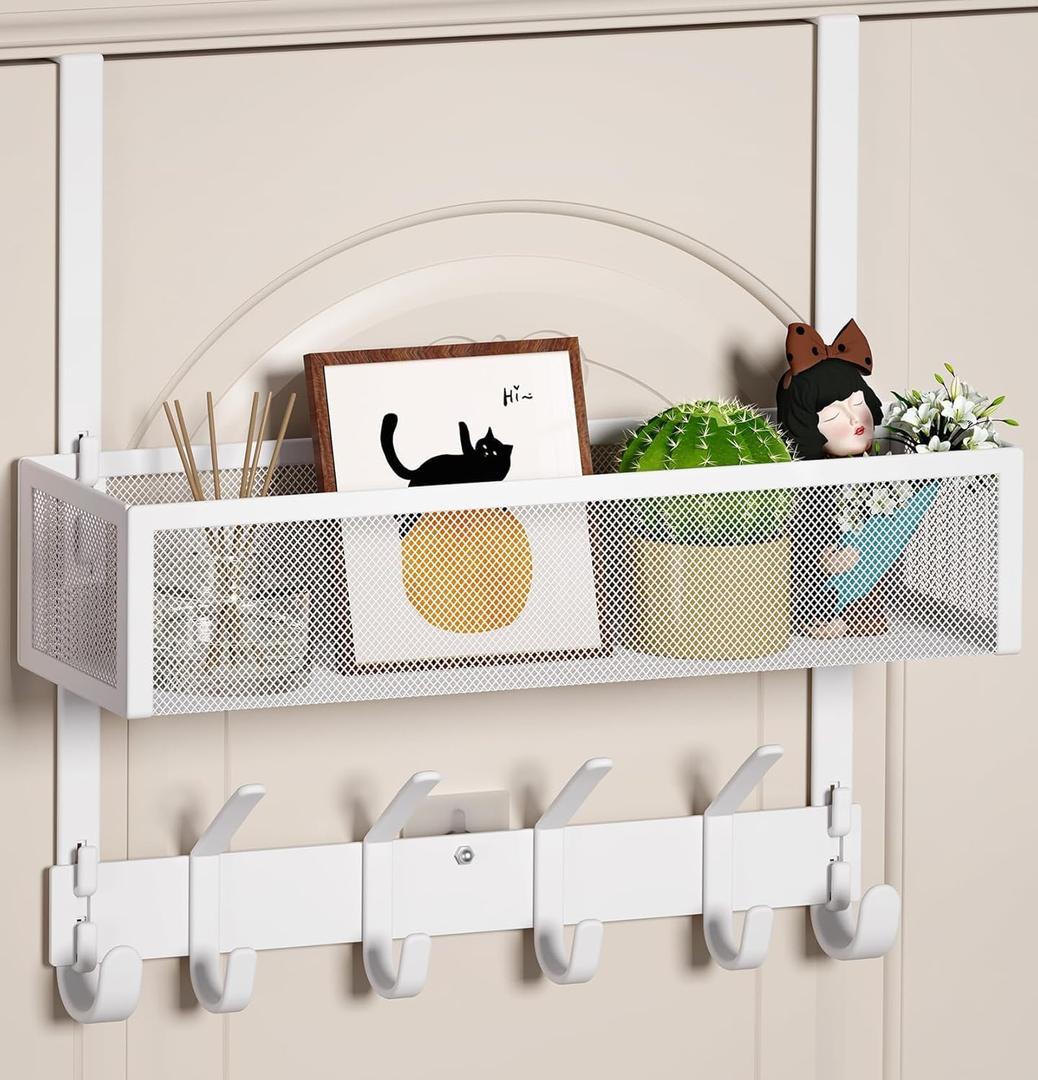 Over The Door Hooks Organizer, Over The Door Towel Rack with Mesh Basket, 10 Coat Hooks and 2 Wreath Hangers, Bathroom Door Organizer Back of Door Hanger for Bedroom, Kitchen(White)