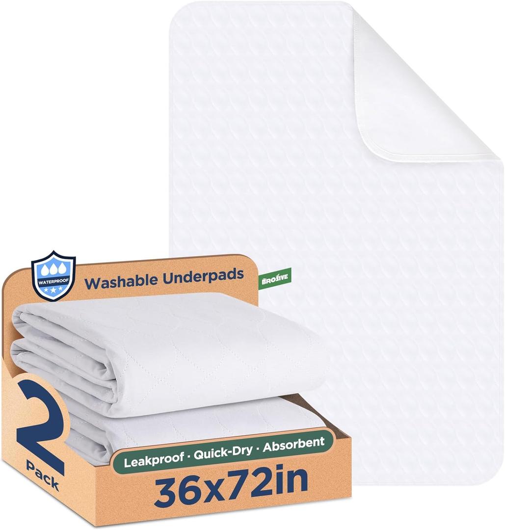 Washable Bed Pads 36" x 72" - 2 Pack, White, Waterproof Bed Pads for Incontinence, Bed Wetting Pads for Bed, Sofa, Floor, Resuable Underpads for Adults, Seniors, Pet