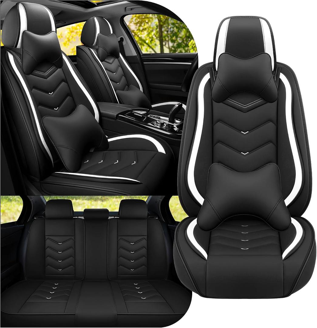 Car Seat Covers Fit for Honda 2000-2026, Stylish Sport Seat Covers, Waterproof Wear-Resistant Premium Nappa Leather Car Seat Covers.(Full Set with Pillow/Black White)