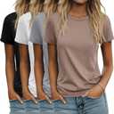Ficerd 4 Pack Women's Cotton T Shirts Casual Short Sleeve Tunic Tops Crewneck Plain Summer Loose Fit Rolled Sleeve Basic Tee (M)