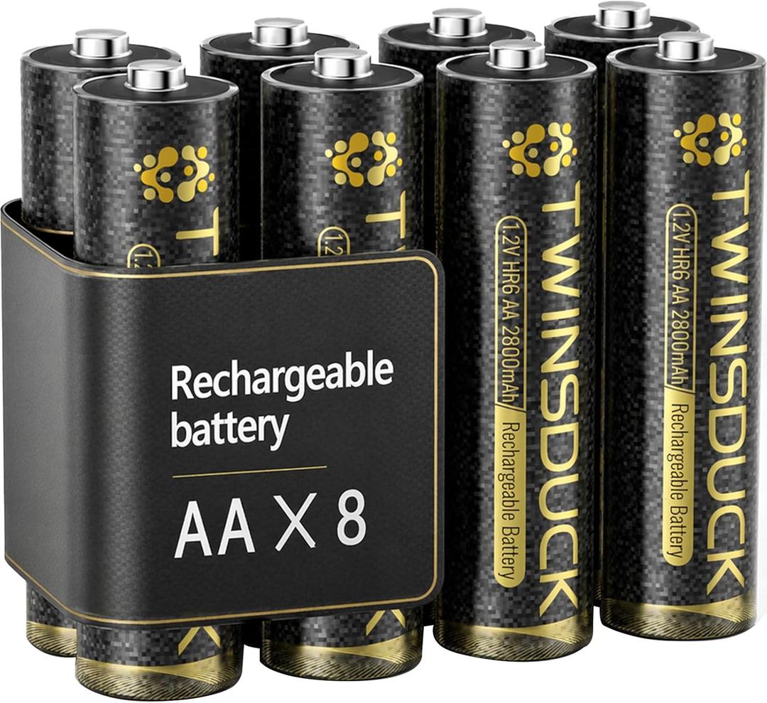 TWINSDUCK AA Rechargeable Batteries 8 Pack, 2800mAh Pre-Charged NiMH Batteries for Remotes, Clocks, Toys, flashlights & Game Controllers