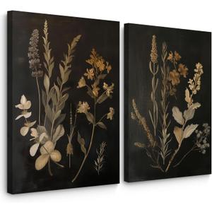 Vintage Floral Wall Art Decor Black Botanical Canvas Art Moody Flower Wall Art Dark Academia Poster Painting Vintage Floral Prints Pictures for Bedroom Living Room 16x24 Inch Framed Set of 2