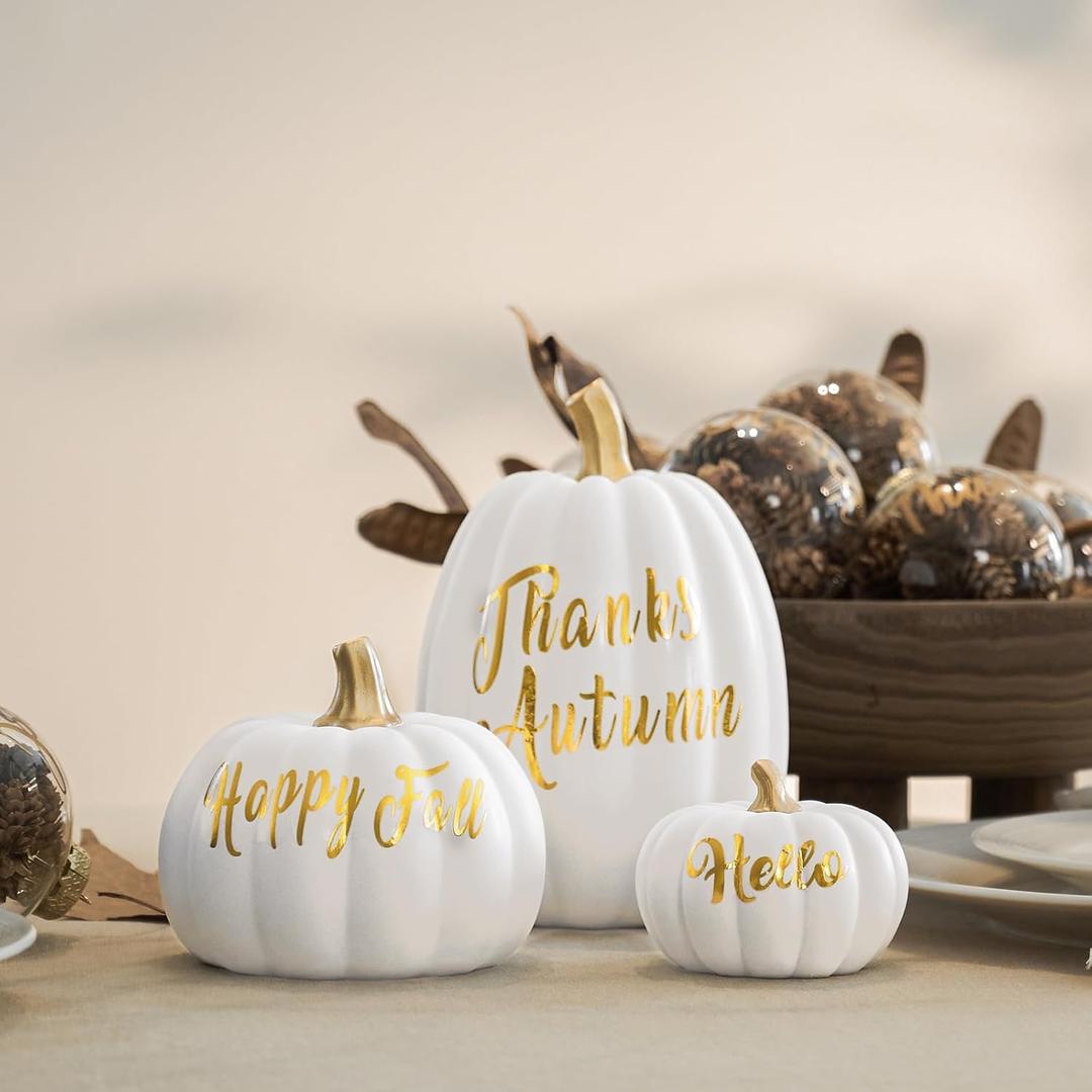DN DECONATION 3Pcs Fall Pumpkin Decorations for Home, Faux White and Gold Words Pumpkin, Decorative Resin Pumpkins Figurines for Minimalist Modern Farmhouse Autumn Thanksgiving Fall Table Mantel Decor