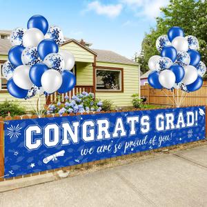 37Pcs Graduation Banner Balloon Decorations Class of 2025, Congrats Grad Banner Yard Outdoor Decorations, Graduation Balloons Banner Set for High School College Graduation Party Supplies, Blue