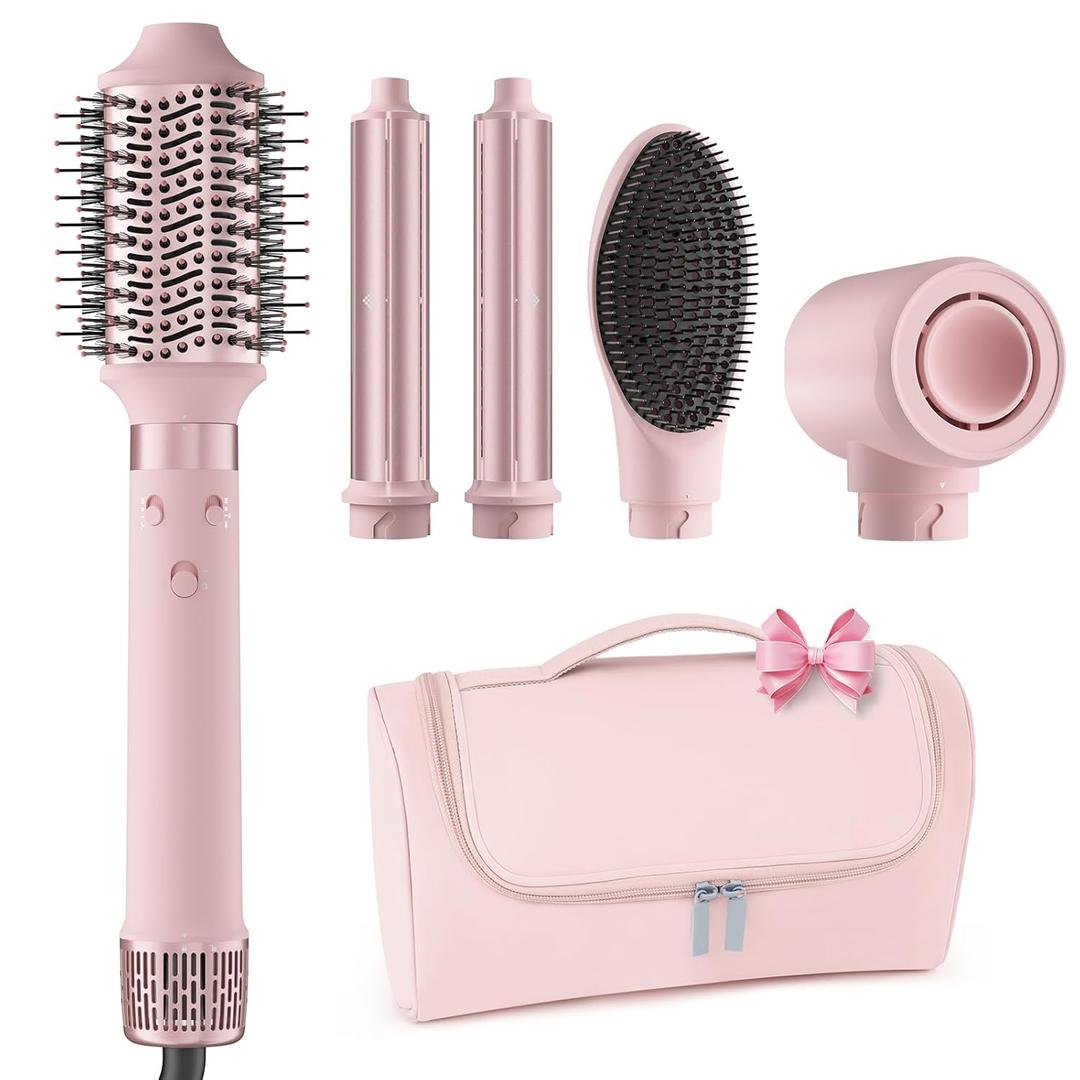 Dual Voltage Hot Air Styler Wrap - 5 in 1 Hair Dryer Brush with Fast Drying Blow Dryer, Styling, Straightening & Volumizing with Travel Bag (100V240V) (Pink)