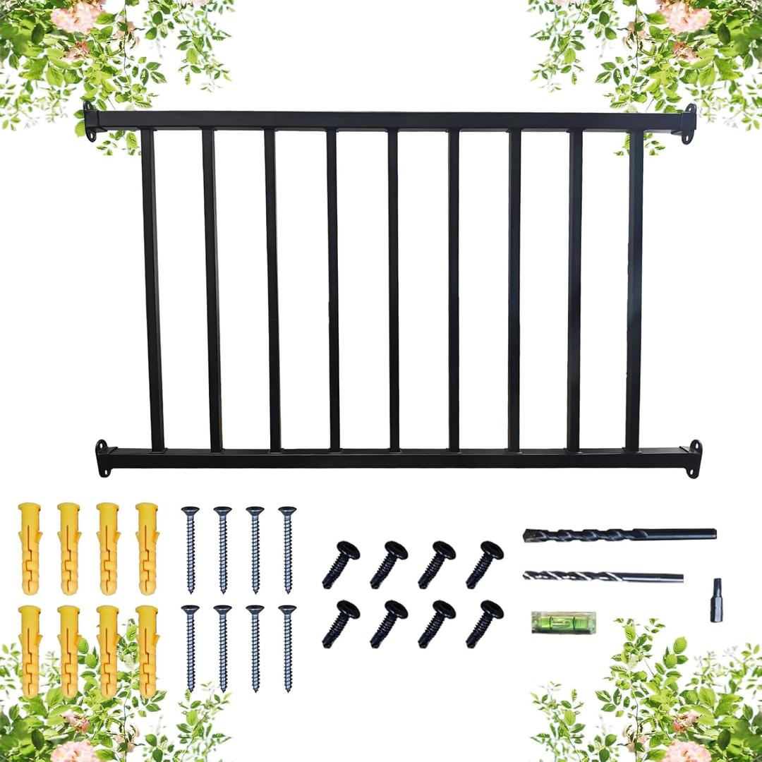 Metal Guard Railing Kit with Balusters 9 Railings Black Decking Railings Porch Indoor Outdoor Hand Railing3-7/8 Feet Wide