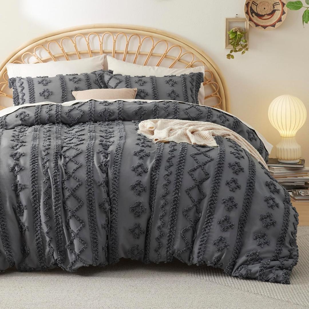 Bedsure Boho Duvet Cover King Size - Tufted King Duvet Cover Set for All Seasons, 3 Pieces Soft Shabby Chic Embroidery Boho Bedding, Comforter Not Included (Dark Grey, 104" x 90")