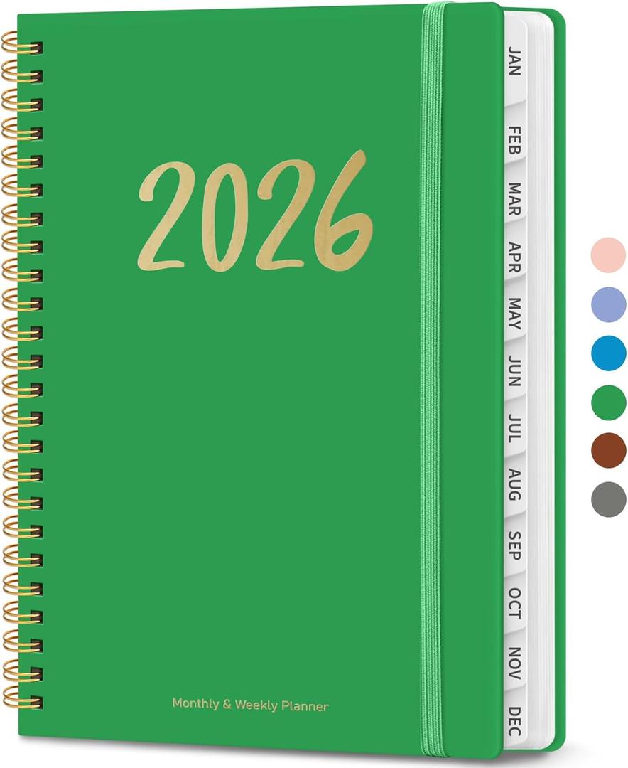 2 x 2026 Planner, Weekly and Monthly Planner for Women, January 2026 - December 2026, Hardcover 2026 Calendar Planner Book with Tabs, Inner Pocket, Spiral Bound, Perfect for Office Home School Supplies - A5 (6.3" x 8.5"), Racing Green