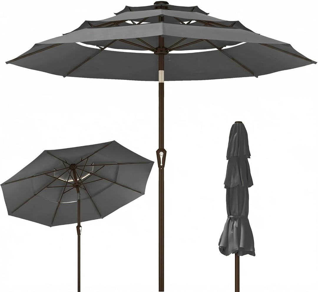 Kingdura 9ft 3-Tier Patio Umbrella, Outdoor Table Umbrella with Easy Crank & Tilt, 8 Reinforced Ribs, UV Protection for Deck, Pool, Market, Backyard (Grey)