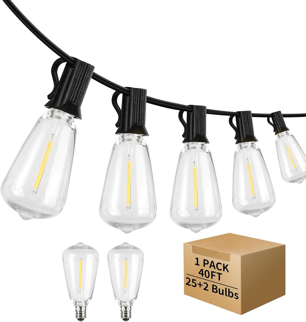 40FT LED Outdoor String Lights Waterproof, 2700K ST38 LED Globe Outdoor Lights for Patio with 27 Edison Vintage Shatterproof Bulbs, Connectable Backyard Lights for Garden, Bistro, Porch, Cafe