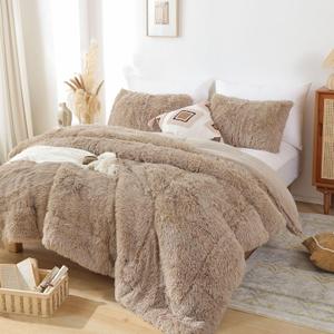 Smoofy Fluffy Twin Comforter Set, Faux Fur Comforter Set, Luxury Fuzzy Twin Bedding Set, Soft Shaggy Bed Set for All Season, 2 Pieces - 1 Comforter & 1 Pillowcase, Khaki