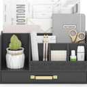 Bamboo Desk Organizer with Drawers, Mail Organizer Countertop Wood Desk Drawer Tabletop Storage Organization Pen Holder Letter Sorter Makeup Organizer for School Home Office (Black)