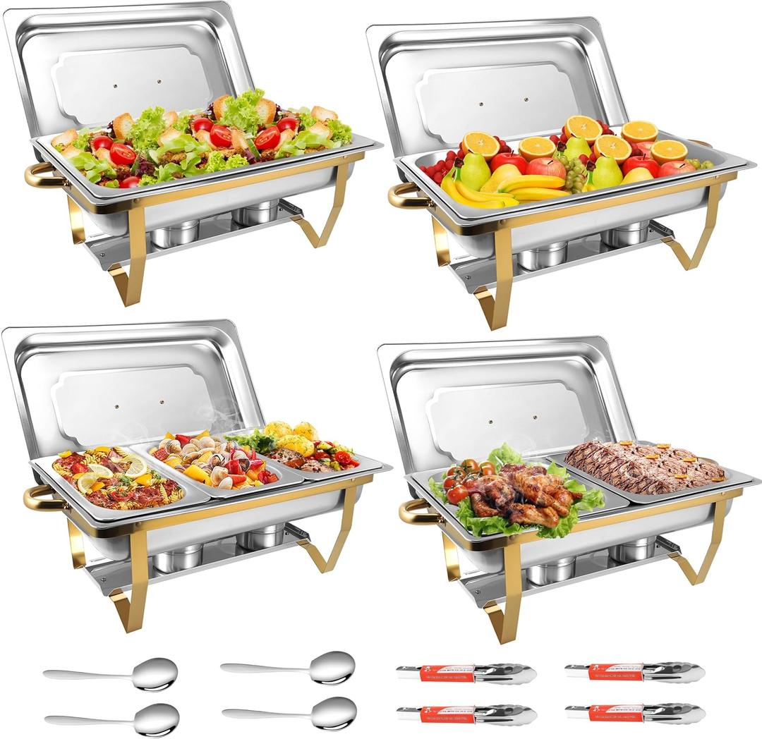 Chafing Dishes for Buffet 4 Pack, 8Qt [Multi-Size Food Pans] High Grade Chafing Dish Buffet Set Rolled-Edge Stacking Design [Easy Storage] Buffet Servers Food Warmers for Parties, Events & Weddings