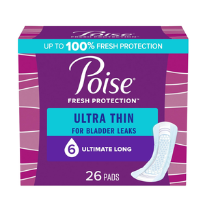 Poise Ultra Thin Incontinence Pads, 6 Drop Ultimate Absorbency, Long Length, 26 Count