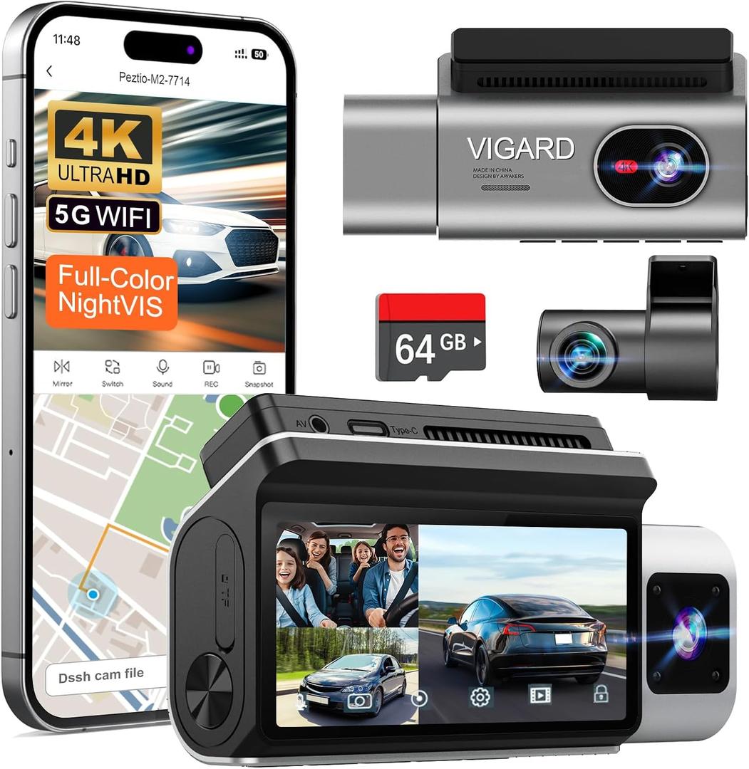 3 Channel 4K Dash Cam, High-Performance Image Sensor, 170° 2K Fisheye Cabin & 2K Rear, WiFi GPS, Night Vision, Parking Monitor, Touch Screen, 64GB Card Included