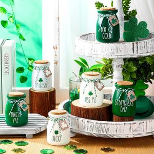 Umigy 6 Set St. Patrick's Day Mini Mason Jars Saint Patrick's Day Tiered Tray Decor Shamrock Small Glass Jars with Lids Wood Tags and String Mason Jars for Centerpieces Kitchen Table Party Supplies
