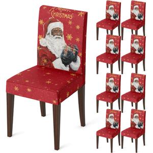 Horaldaily 8PCS Christmas Dining Chair Covers,Black Santa Stretch Removable Washable Slipcover Chair Protector for Dining Room Home Decor (Red)