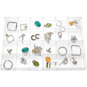 Large Clear Jewelry Organizer Display Tray, Storage Case for Rings, Earrings, Necklaces, Acrylic Drawer Organizer Trays (24 Grids)