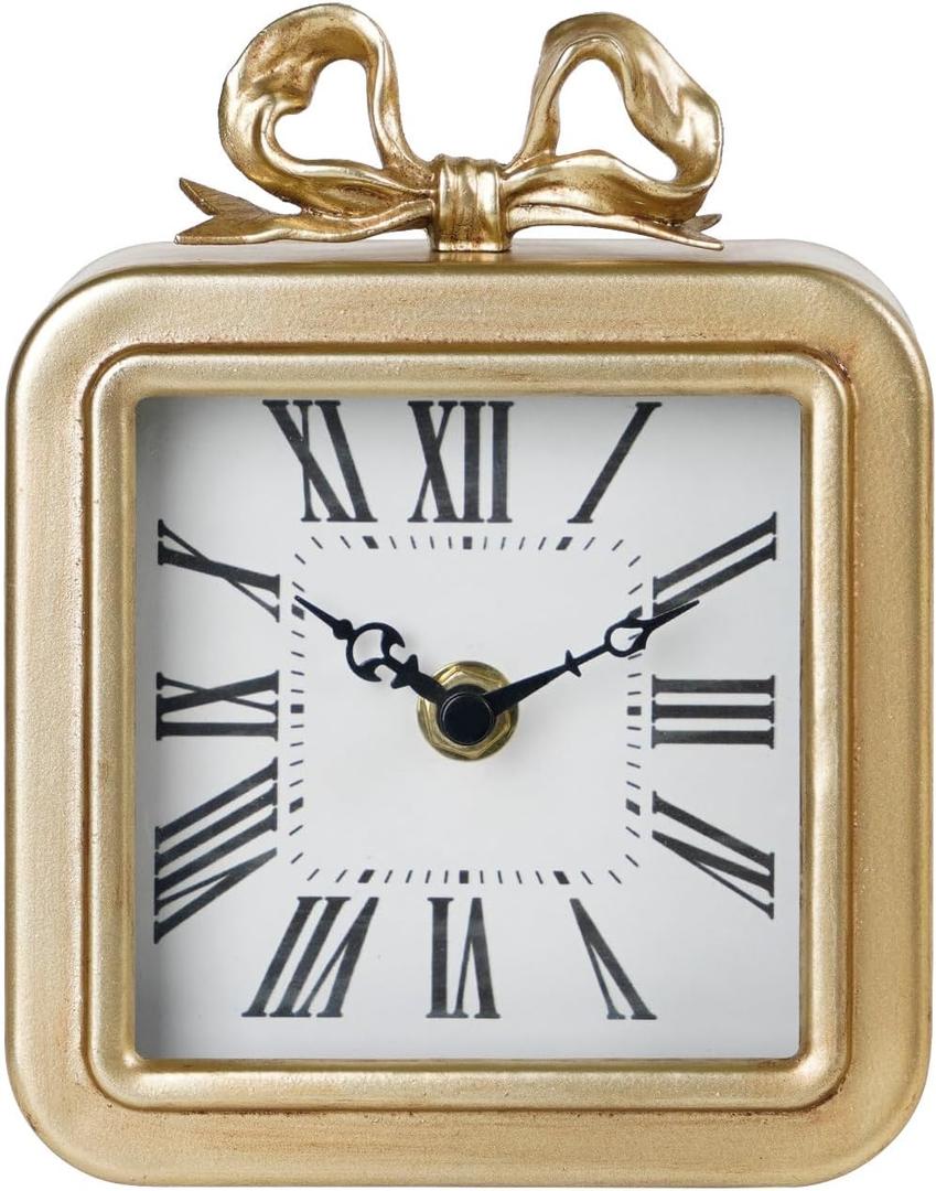 NIKKY HOME Gold Table Clocks, Table Clock Decor with Bow Metal Desk Clock Vintage Desk Clocks Silent Non-Ticking Battery Operated Decorative Shelf Clock for Living Room Bedroom