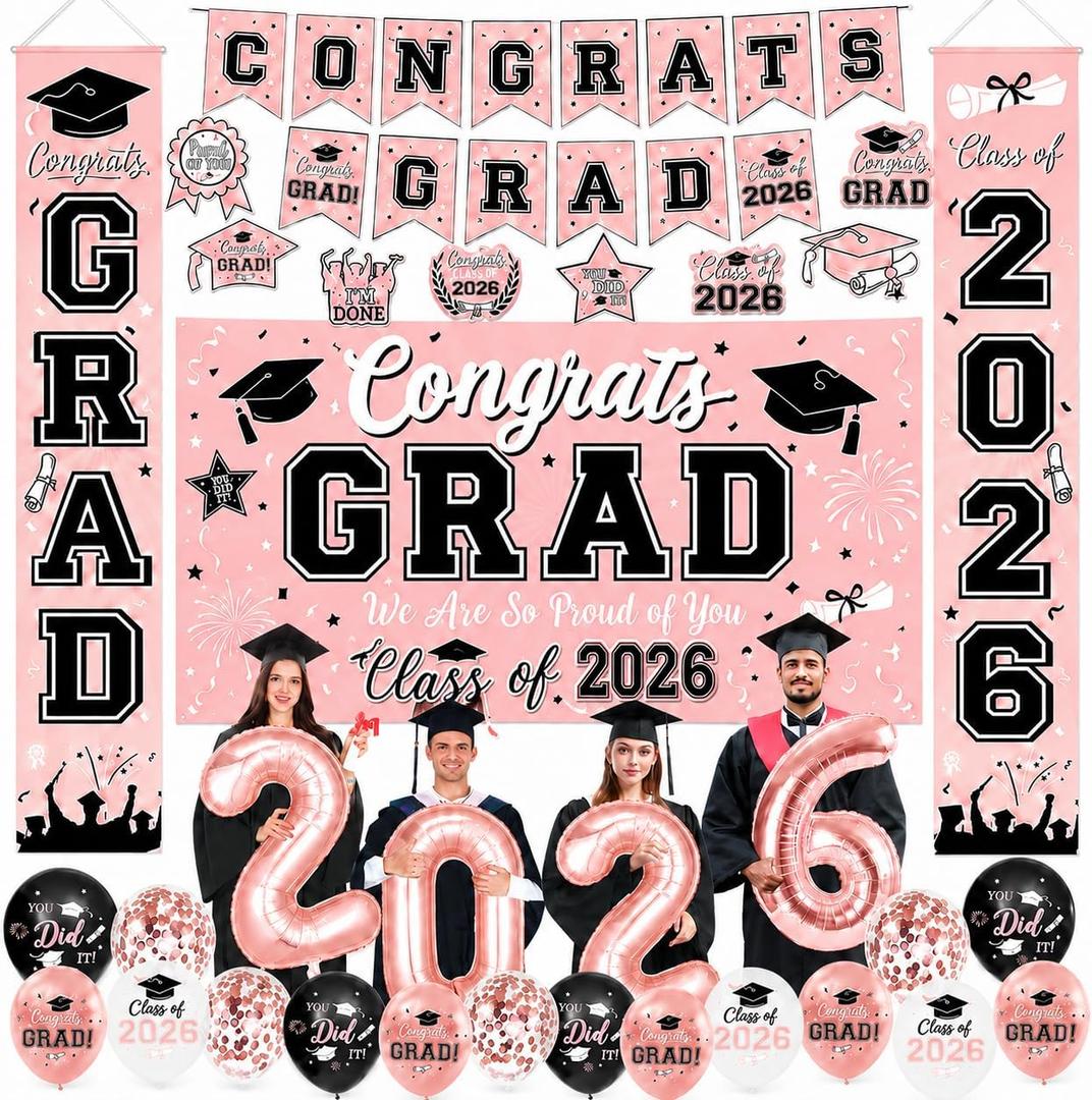 Graduation Decorations Class of 2026 - Rose Gold Graduation Decorations Include Grad Backdrop, Banner, Hanging Swirls, Porch Sign, Balloons for Congrats Grad Party Decorations