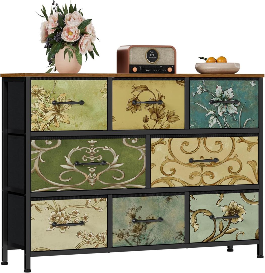 Furnulem 8 Drawer Dresser, Wide Fabric Chest of Drawers, Vintage Furniture for Bedroom, Living Room, Hallway, Closet Clothes Storage, Wooden Top (11.8"D x 39.4"W x 31.5"H (8 Drawers))