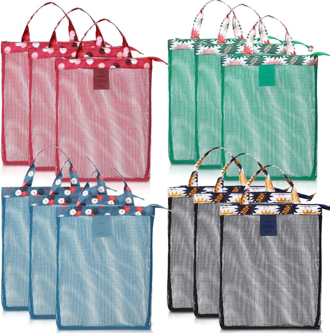12 Pcs Mesh Beach Tote Bags with Zipper Seashell Bags for Holding Toys Waterproof Sandproof Swimming Pool Essentials for Outdoor Beach Activities